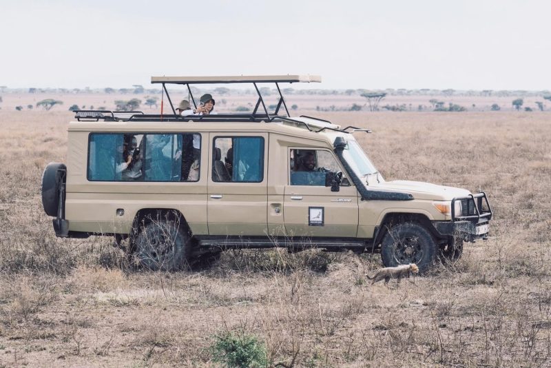 Cream safari Land Cruiser parked on a wide open plain