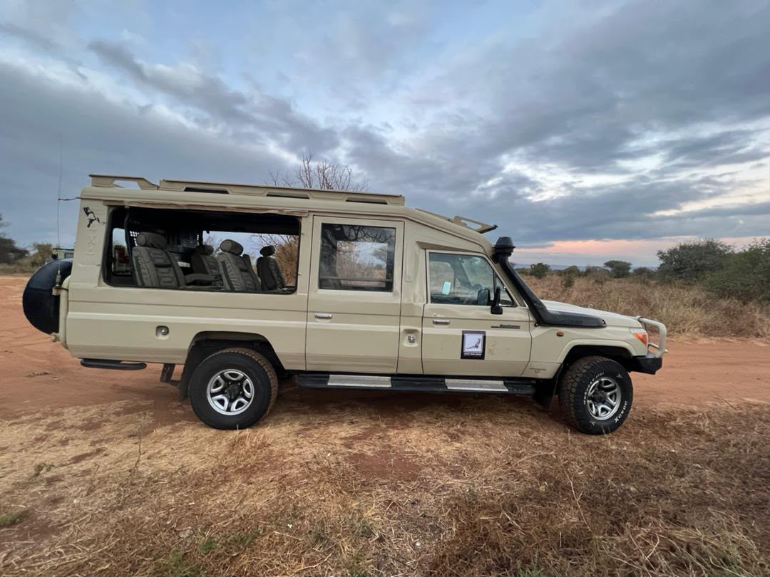 Cream safari Land Cruiser under a dusk sky
