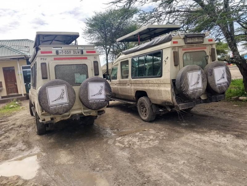 Two mud-splashed Lappet Faced Safaris vehicles parked together